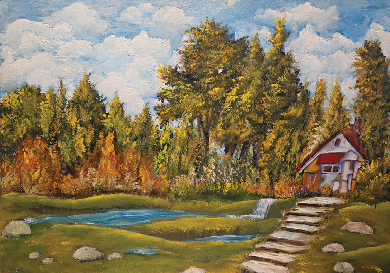 ציור נוף של בית כפרי עם מדרגות אבן, עצים ומים שקטים בסביבה ירוקה