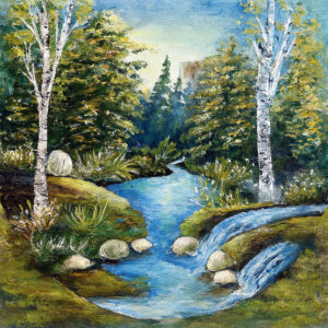 ציור נוף של פלג מים זורם בין עצים וצמחייה ירוקה