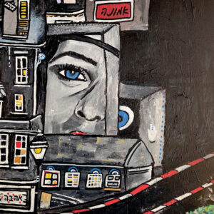 איור של דמות נשית מוקפת ציוד צילום וקולנוע בסביבה אורבנית ואמנותית