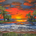 גלי הים נשטפים באור שקיעה בוהק, צבעי אש וזהב מתערבבים בשמיים ומעניקים תחושת חום וביטחון. עצי הדקל נעים ברוח והטבע כולו כאילו מאשר את המילים הכתובות מעליו: טוב מאוד להשליך עצמך על השם יתברך ולסמוך עליו. הנוף המרגיע הזה מזכיר שכל דאגה יכולה להינמס כאשר מניחים את הלב בידיים הנכונות — ומתמסרים לאמונה אמיתית שמביאה שלווה.