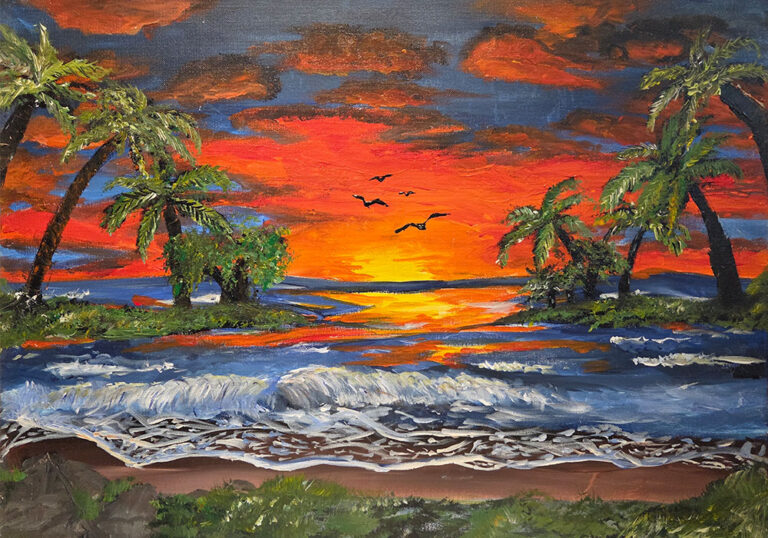 גלי הים נשטפים באור שקיעה בוהק, צבעי אש וזהב מתערבבים בשמיים ומעניקים תחושת חום וביטחון. עצי הדקל נעים ברוח והטבע כולו כאילו מאשר את המילים הכתובות מעליו: טוב מאוד להשליך עצמך על השם יתברך ולסמוך עליו. הנוף המרגיע הזה מזכיר שכל דאגה יכולה להינמס כאשר מניחים את הלב בידיים הנכונות — ומתמסרים לאמונה אמיתית שמביאה שלווה.