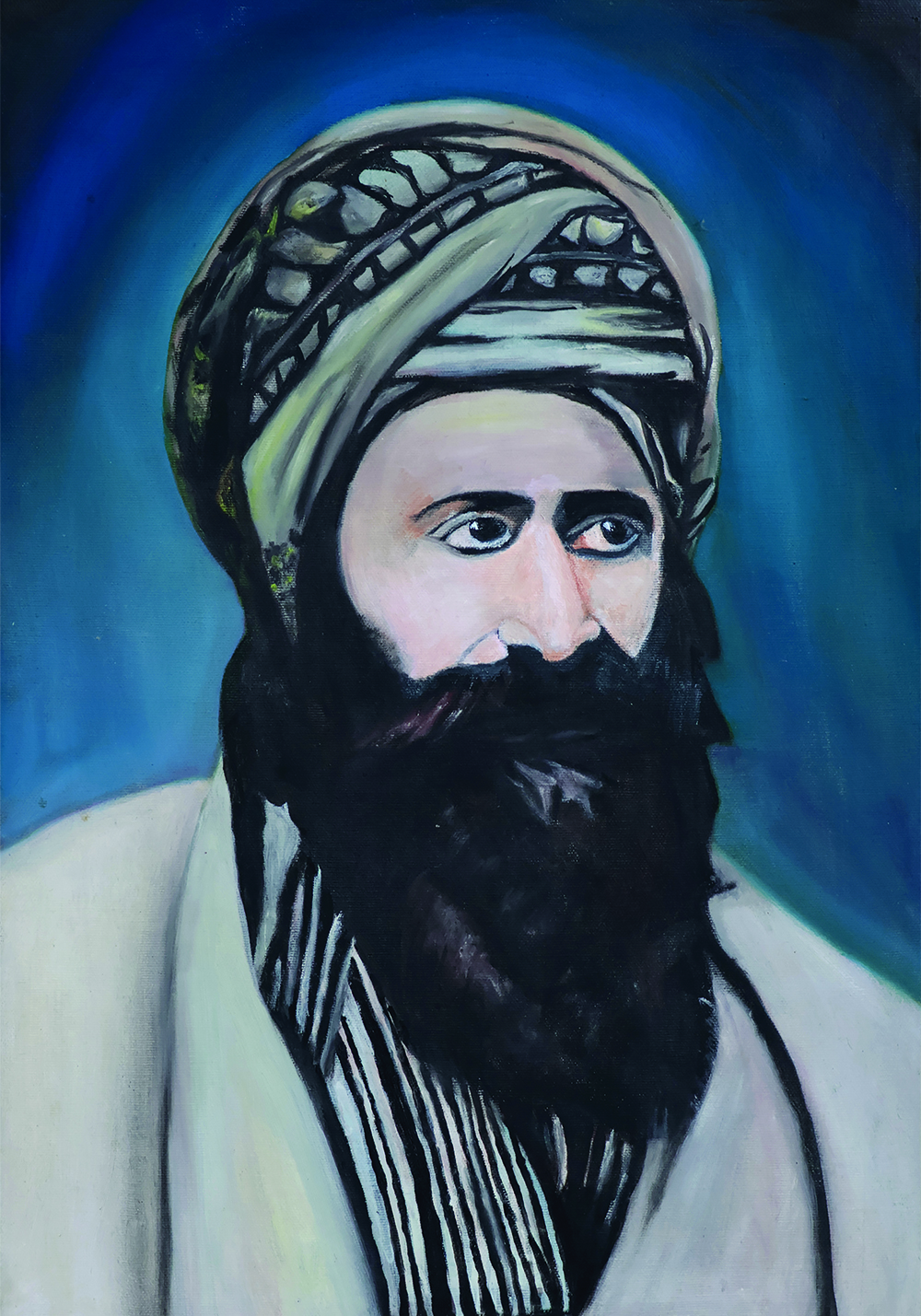 הבן איש חי ציור דיוקן של גבר מזוקן הלובש כיסוי ראש בדוגמת פסים וקישוטים. פניו בהירות, עיניו מביטות לצד שמאל, ויש לו זקן כהה ועבה. הרקע בצבעי כחול כהה ובהיר המשתלבים יחד.