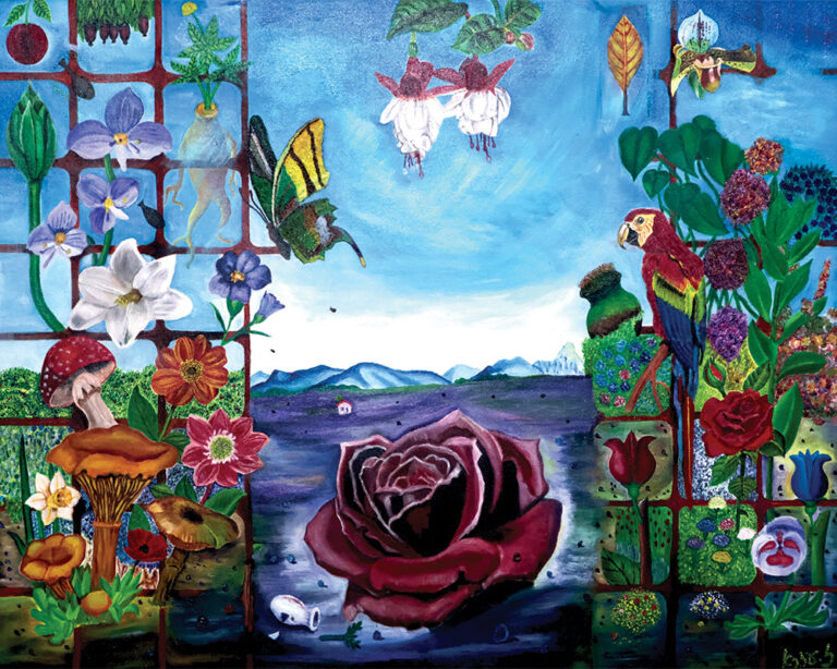 ציור גדול מלא פרטים וצבע. במרכז נראית ורד גדולה בצבע בורדו על קרקע כהה, כשמאחוריה הרים כחולים ושמיים בהירים. משמאל ומימין יש מסגרות עשויות ריבועים צבעוניים שבתוכם מגוון רחב של פרחים, פטריות ועלים בצבעים שונים. בצד שמאל מופיעים פרחים לבנים, סגולים ואדומים לצד פטריות גדולות וחומות. למעלה משמאל יש חלון ריבועי ובתוכו צמחייה ופרחים. במרכז העליון מופיעים שני פרחים לבנים התלויים כלפי מטה ופרפר גדול ירוק־צהוב. בצד ימין עומד תוכי גדול בצבעי אדום, צהוב וירוק על ענף מוקף פרחים ועלים. בתחתית התמונה יש אגרטל קטן שבור על האדמה.