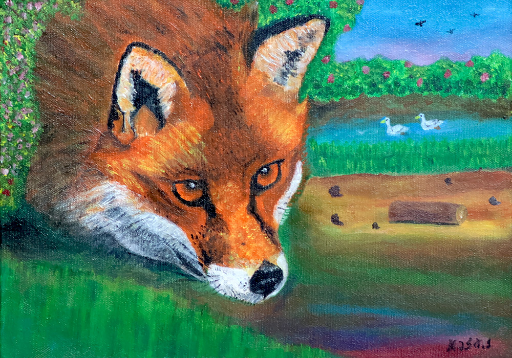 ציור צבעוני של שועל כתום המופיע מקרוב, כשהוא שוכב על הדשא ומביט קדימה בעיניים חומות חודרות. סביבו צמחייה ירוקה ופרחים. ברקע מימין מופיע אגם קטן עם שתי ברווזות שוחות בו, עצים ירוקים ושמיים כחולים עם ציפורים מרחפות. על הקרקע ליד האגם יש בול עץ קטן ופזורים מספר אבנים.